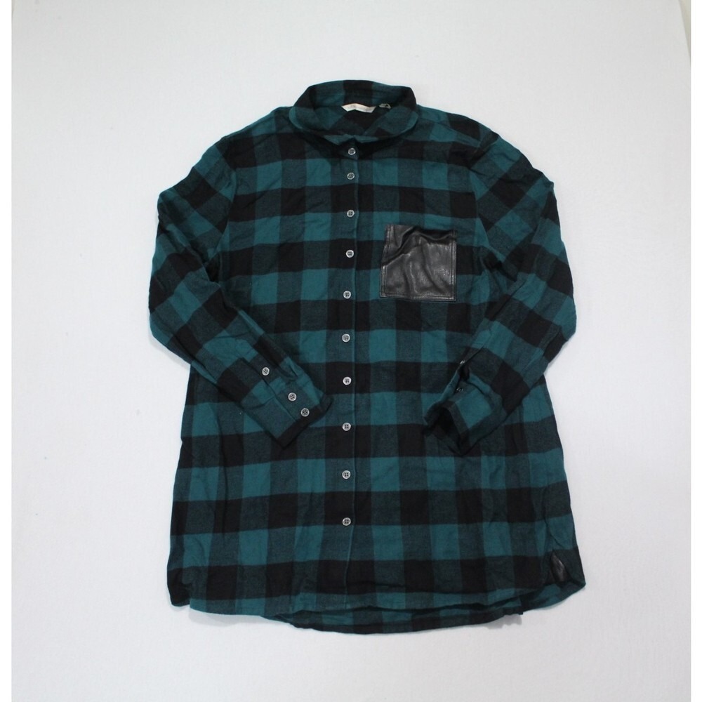 Soft Surroundings Green Tunic Button Down Black Plaid Size Large